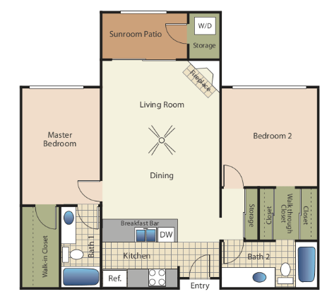 Two bedrooms two bathrooms apartment floorplan